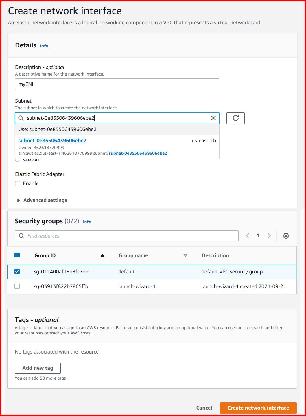 Picture showing a screen to create network interface